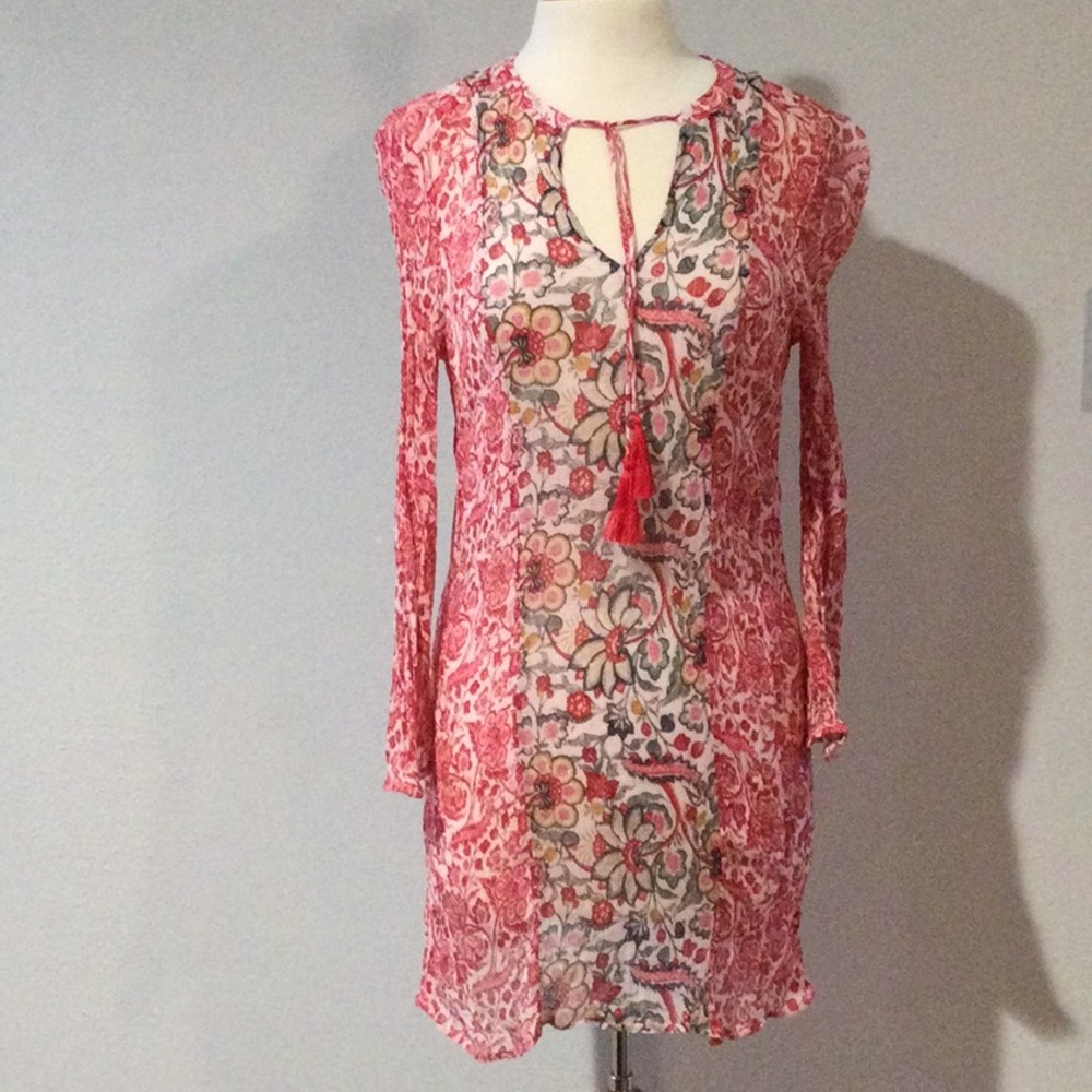 Lucky Brand Floral Sheer Tassel Tie Long Sleeve Mini Dress/Tunic Size M